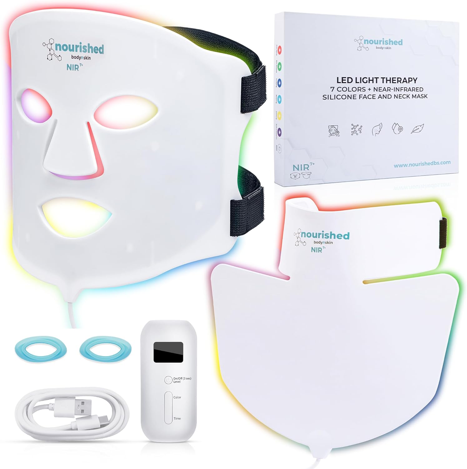 Masque LED 7 couleurs visage et cou avec infrarouge proche - Luminothérapie bleue, rouge pour le visage - 228 LED - Outil de soin pour l'anti-âge