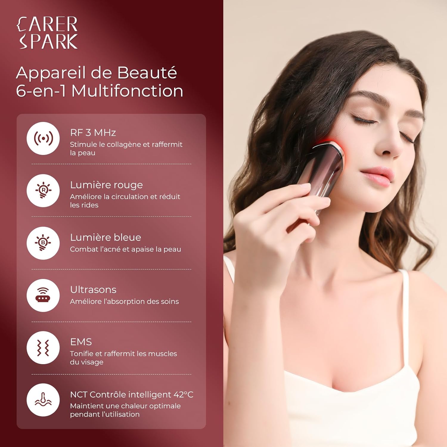 CARER SPARK Appareil Radiofréquence Visage 3MHz Appareil de Massage Visage Anti-Rides avec Ultrasons EMS Photothérapie Réduction des Rides et des Fines Lignes