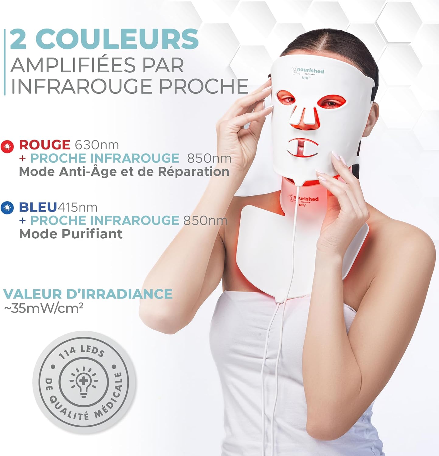 Masque LED visage et cou avec infrarouge proche - Luminothérapie bleue, rouge pour le visage - 228 LED - Outil de soin pour les rides, anti-âge