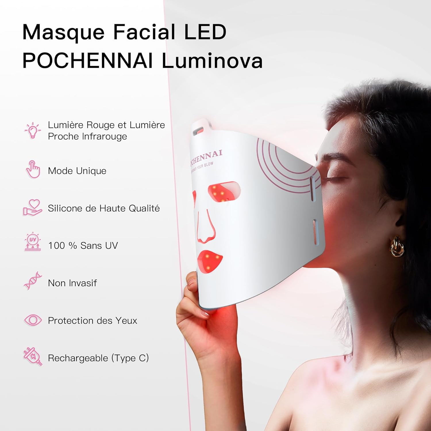 Luminiva Masque facial LED – Appareil de beauté à domicile avec lumière rouge et lumière proche infrarouge, silicone flexible, facile à utiliser, 3 niveaux d'intensité Blanc Nacré