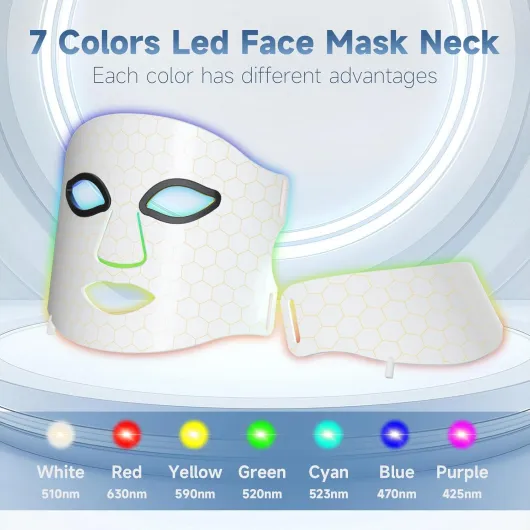 Masque Led Visage en 7 Couleurs, Masque LED pour Visage Cou Effets Rajeunissants, Anti-Âge et Anti-Rides,Rechargeable et Portable pour tous les types,Peut être utilisé à la maison