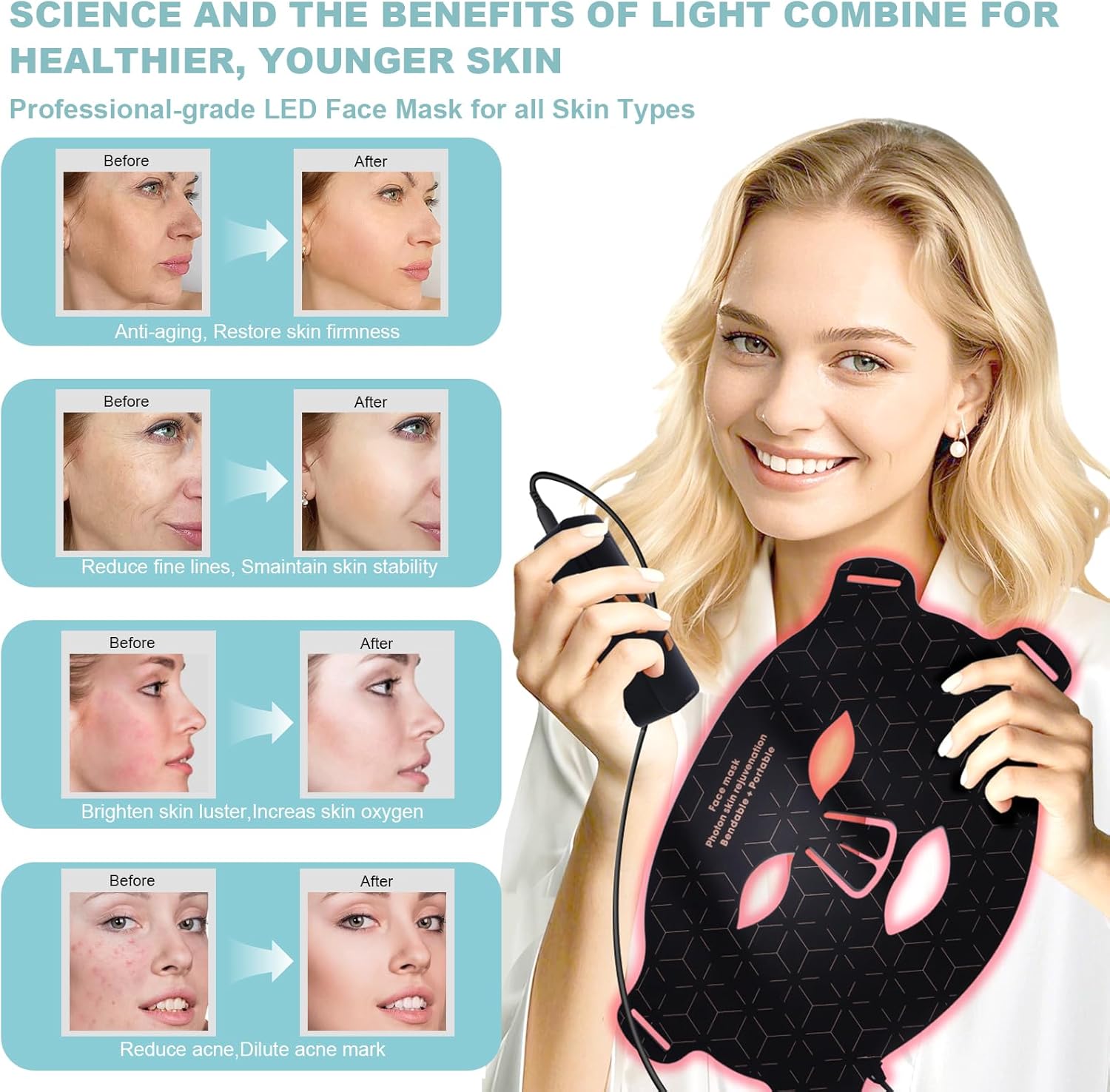 Masque LED de Visage et Cou Luminothérapie,Masque de Thérapie par la Lumière Rouge,Masque Facial LED pour Visage Silicone,Infrarouge Masque Visage pour Tous Les Types de Peau à la Maison Noirs