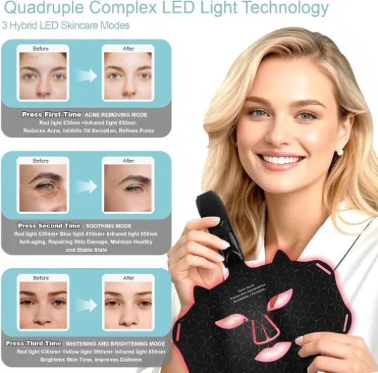 Masque LED de Visage Luminothérapie,Masque Facial de Thérapie par la Lumière Rouge,LED Face Mask Infrarouge en Silicone Flexible,3 Modes, pour Tous Les Types de Peau à la Maison A-Noir