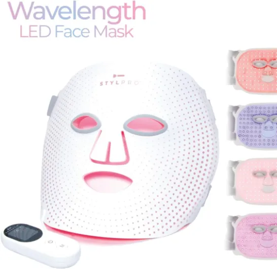 STYPRO Masque facial à LED à longueur d'onde – Soin de la peau multi-mode avec lumière rouge, bleue, proche infrarouge pour les rides, les imperfections – Flexible, rechargeable, facile à utiliser,