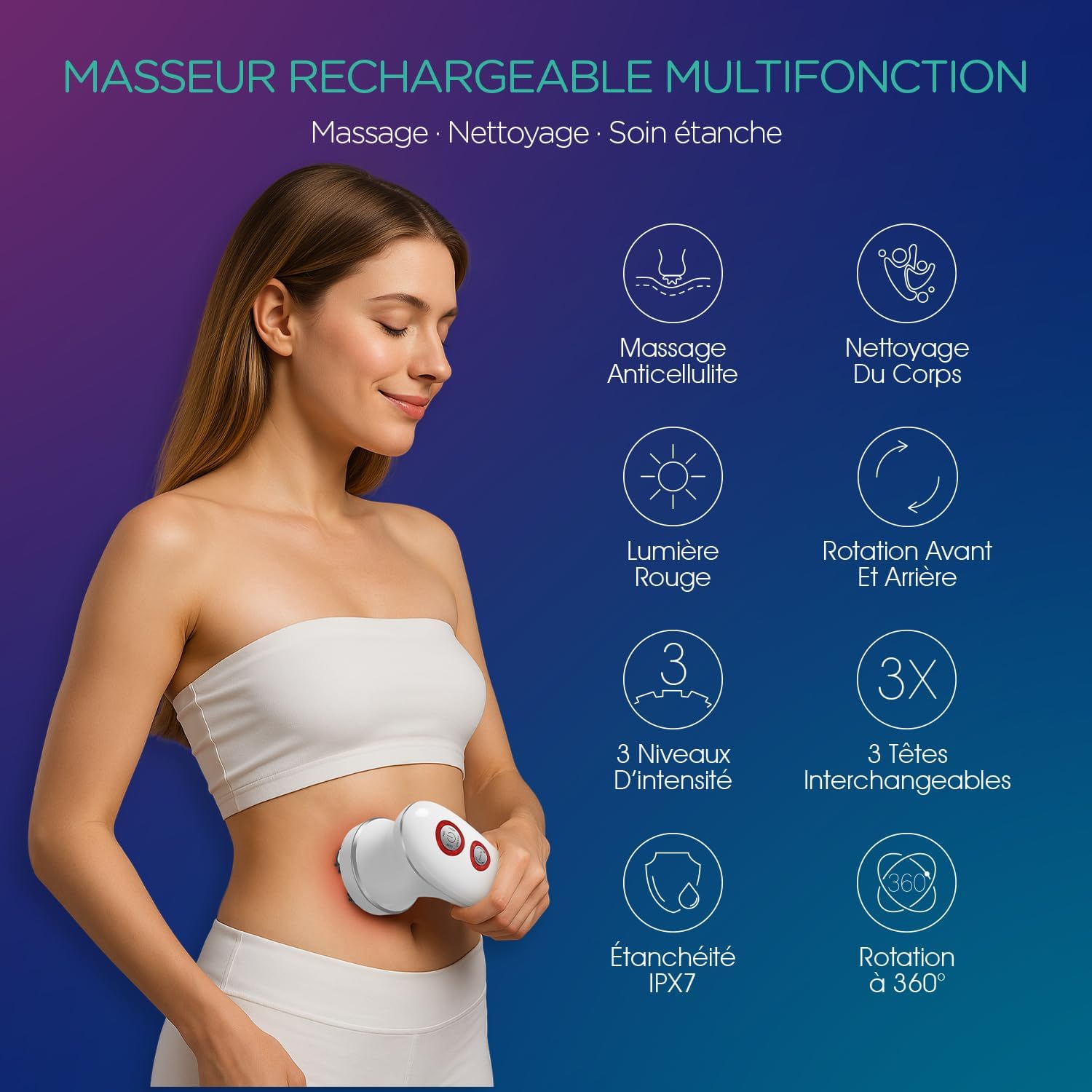 Appareil de Massage Anti Cellulite Electrique Massage Cellulite Masseur pour Tete Dos Pied Visage Cervicale avec 3 Têtes Muti-fonctionnelles Brosse Nettoyante Visage Étanche VRMM1