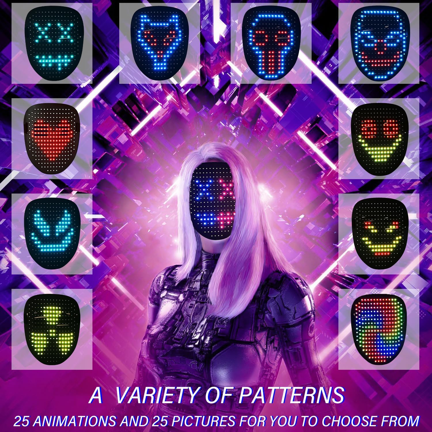 Masque LED avec détection de geste, masque transformant le visage à LED pour costume de cosplay, fête, bal masqué Masque rechargeable