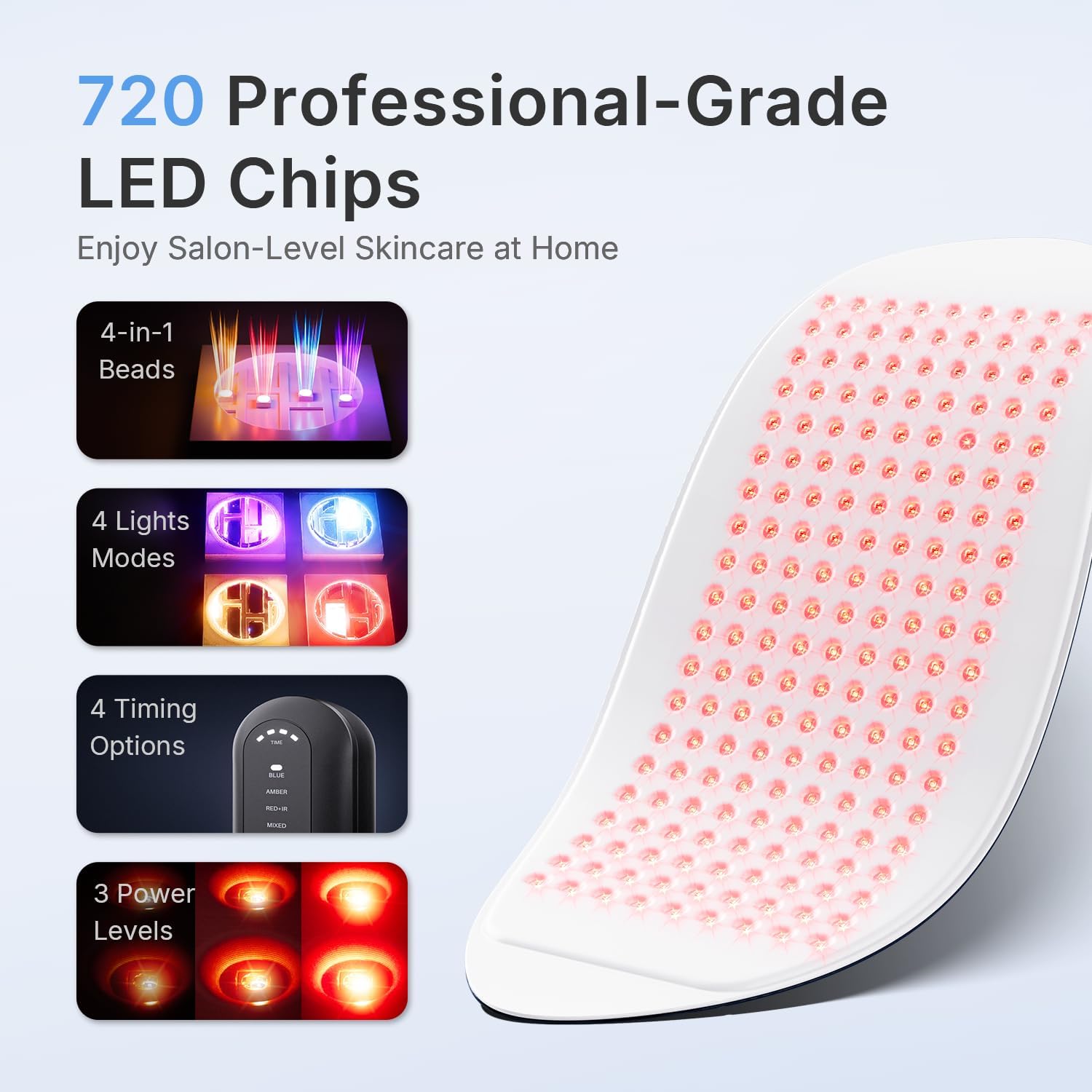 Photon Thérapie par Lumière Rouge – Enregistré FDA, Masque LED avec Technologie QuadChip™, 720 LED, Appareil PDT Infrarouge Proche pour Soin Professionnel du Visage et du Corps Bleu