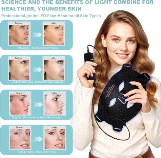 Masque LED Visage Luminothérapie,Masque Facial de Thérapie Lumière Rouge,LED Face Mask Infrarouge Silicone 5 Timer,Anti-Âge,pour Tous Les Types de Peau à la Maison B-Noir