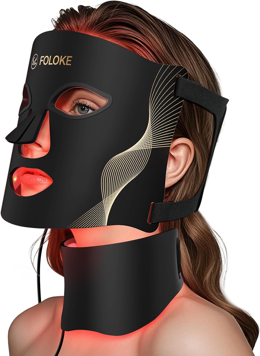 FOLOKE Masque LED de Luminothérapie Visage et Cou, LED à Lumière Rouge et Infrarouge, Masque Facial LED pour Soin du Visage à Domicile (Noir)