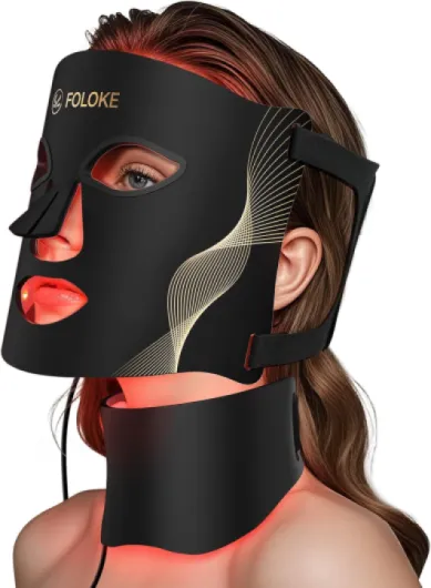 FOLOKE Masque LED de Luminothérapie Visage et Cou, LED à Lumière Rouge et Infrarouge, Masque Facial LED pour Soin du Visage à Domicile (Noir)