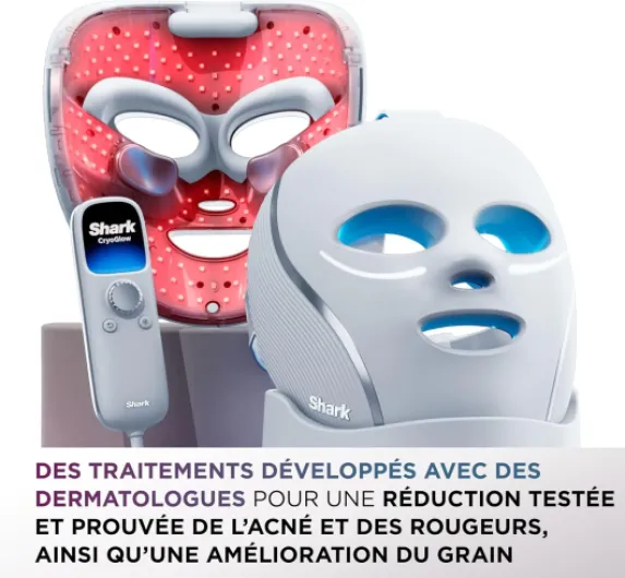 Masque LED Shark CryoGlow avec rafraîchissement du contour des yeux, LED rouge et bleue, Photothérapie par lumière infrarouge, USB-C, Télécommande, Sac de rangement, Sangles réglables Bleu givré
