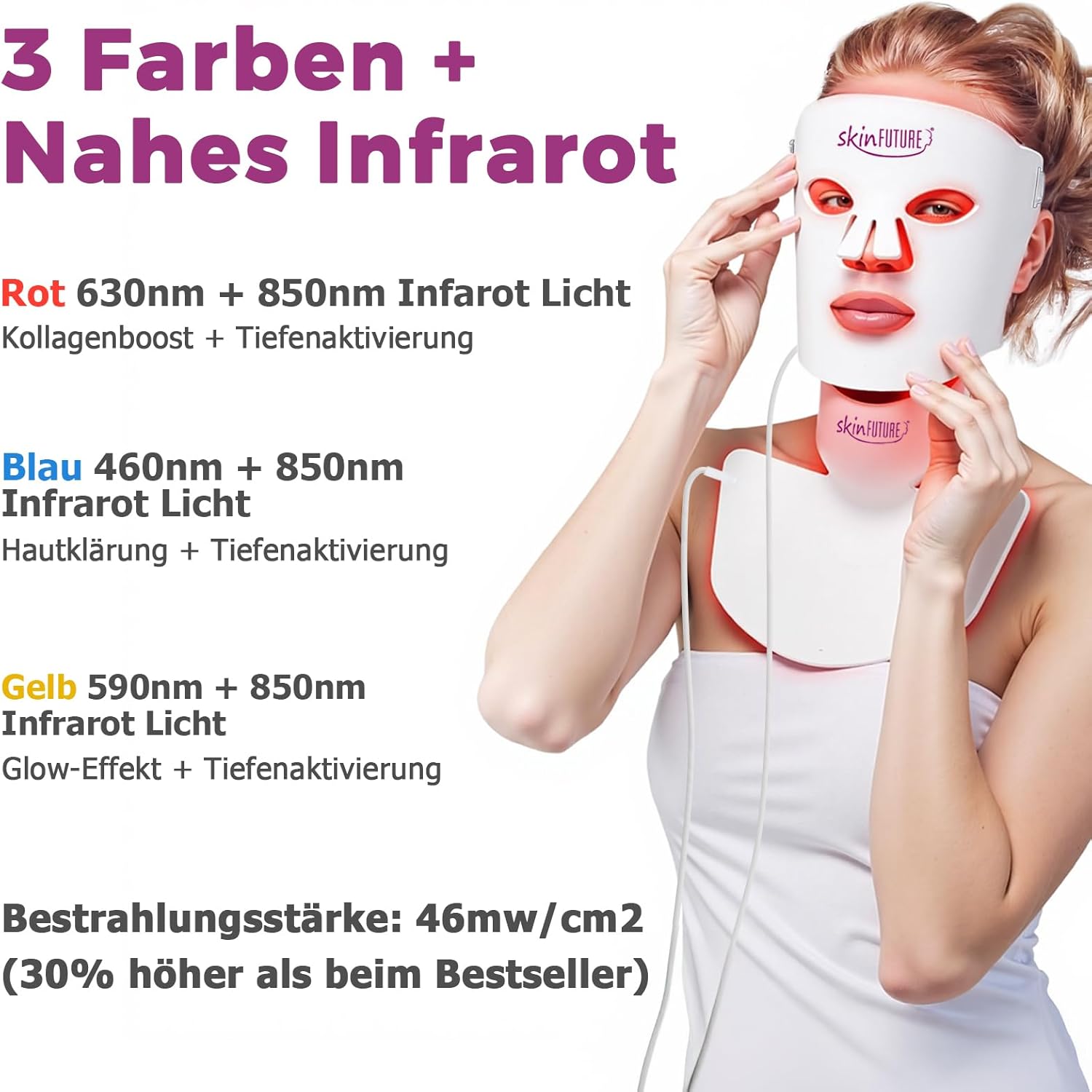 Masque LED Visage Masque Visage pour Visage, Cou & Décolleté - 480 LED, 4 Modes d'Éclairage (Rouge, Bleu, Jaune, Proche Infrarouge NIR) - Luminothérapie Anti-Âge Contre les Rides, L'acné
