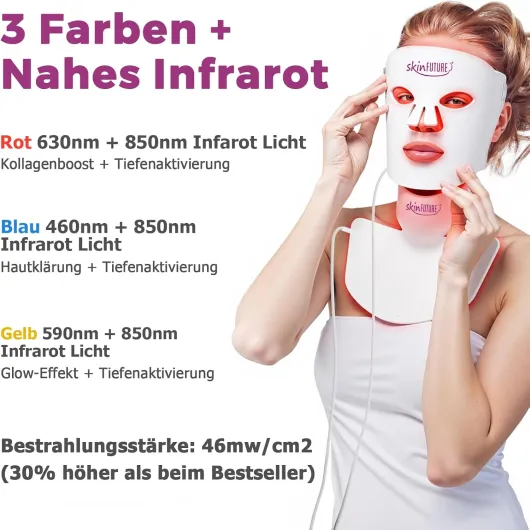 Masque LED Visage Masque Visage pour Visage, Cou & Décolleté - 480 LED, 4 Modes d'Éclairage (Rouge, Bleu, Jaune, Proche Infrarouge NIR) - Luminothérapie Anti-Âge Contre les Rides, L'acné