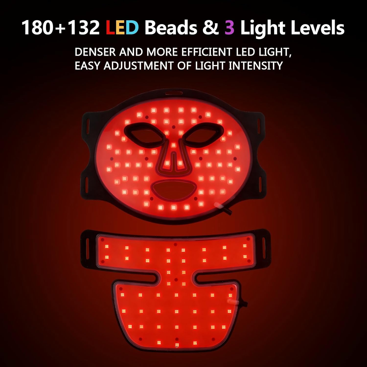 Masque LED Visage & Cou,Thérapie par Lumière Rouge à 7 Couleurs avec Minuterie Intelligente - Raffermissant, Soin Visage pour Tous Types de Peau,Noir Visage et cou - Noir