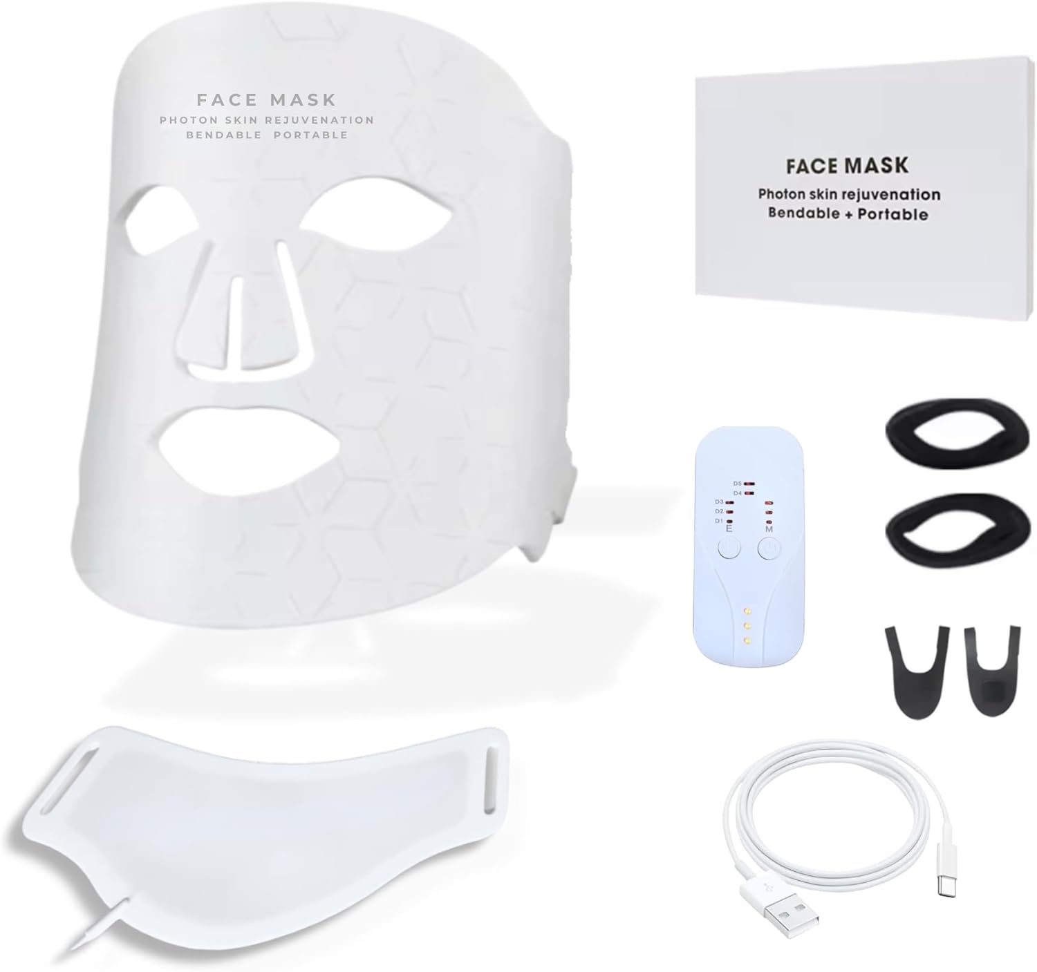 Charli & Beaux Masque facial LED avec fixation au cou 7 couleurs LED rechargeable Lumière multi-LED pour usage domestique Charge USB 5 V blanc