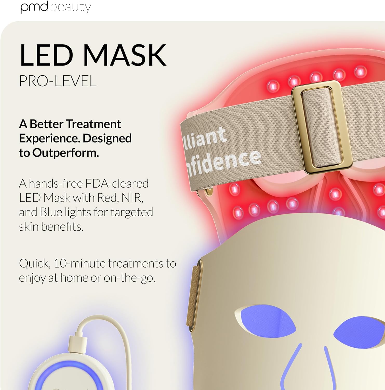PMD Beauty Masque LED visage qualité clinique, lumière rouge, infrarouge proche & bleue, 201 LED, homologué FDA, couverture complète, 3 niveaux d’intensité, mains libres, avec étui