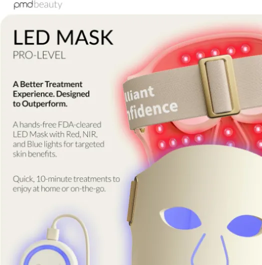 PMD Beauty Masque LED visage qualité clinique, lumière rouge, infrarouge proche & bleue, 201 LED, homologué FDA, couverture complète, 3 niveaux d’intensité, mains libres, avec étui