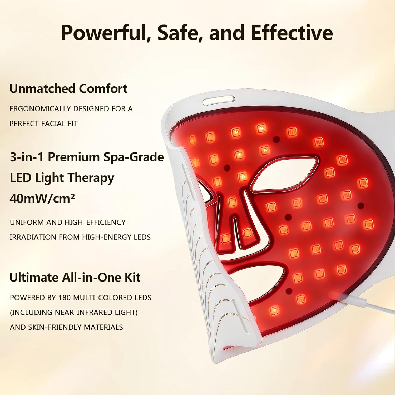 Masque Facial LED de Visage, Thérapie par Lumière Rouge à 7 Couleurs avec Minuterie Intelligente - Raffermissant, Éclaircissement, Portable pour Maison et Voyage, Masque LED Visage à Domicile,Blanc Visage - Blanc
