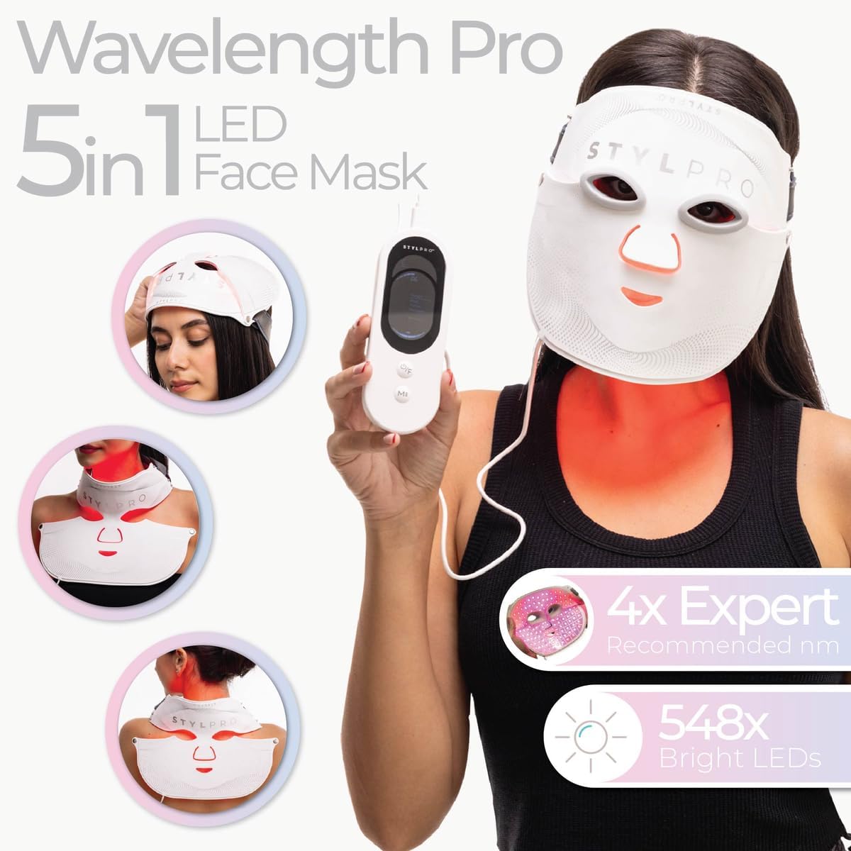 STYLPRO Wavelength LED face mask - soin de la peau avec lumière rouge, bleue et infrarouge pour combattre les rides et les impuretés - Flexible, rechargeable, facile à utiliser
