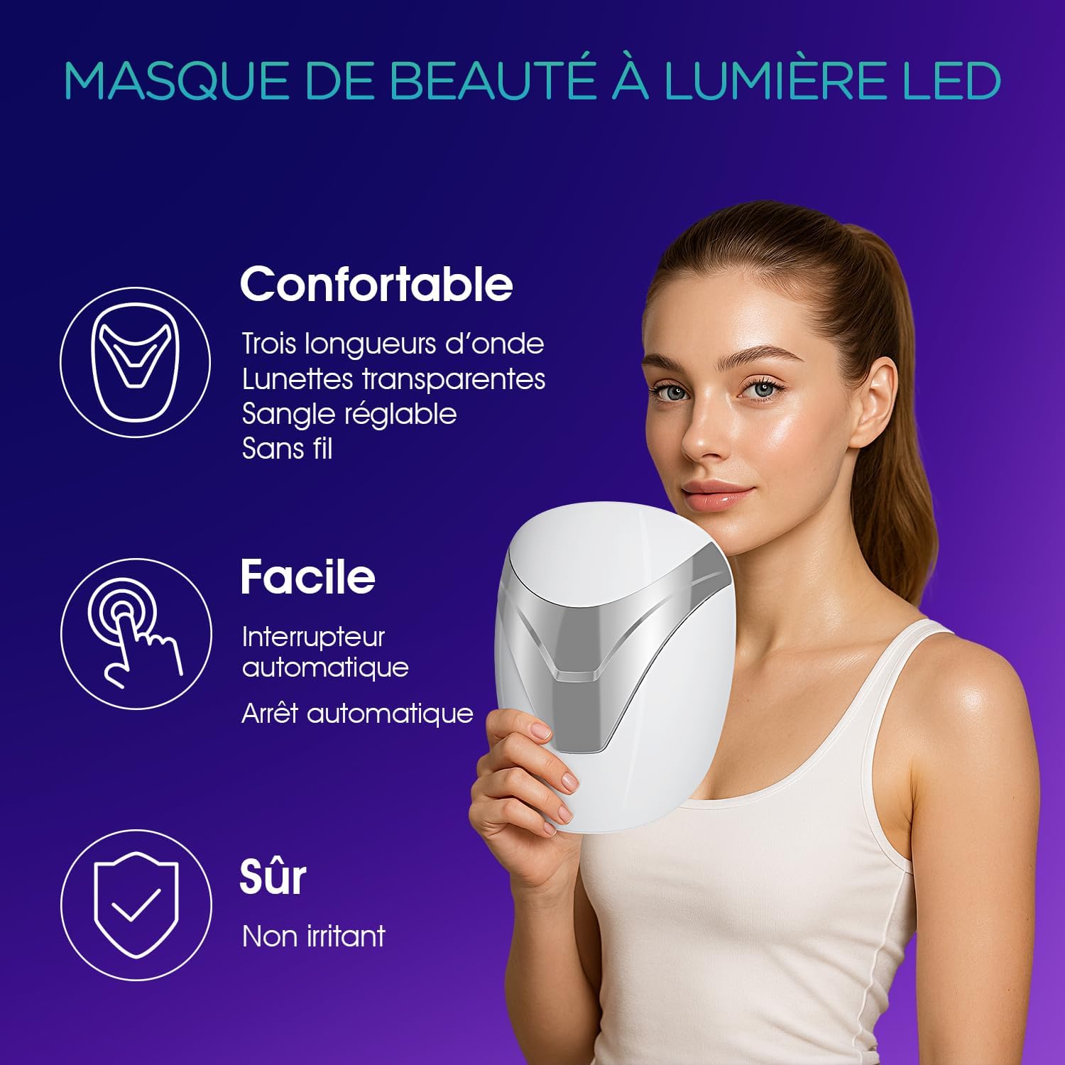 Masque Led Visage Luminothérapie Avec 3 Modes, Masque Facial À Lumière Violette, Bleue Et Rouge Pour Anti-Âge Et Éclat De La Peau, Masque Led Sans Fil, BM100