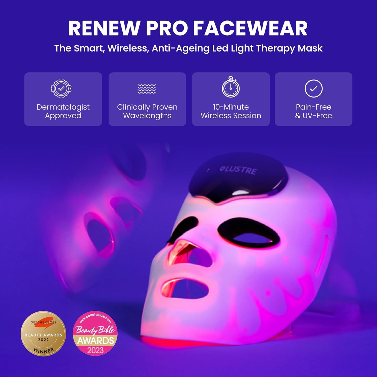 LUSTRE® Renew Pro Masque facial à LED anti-âge – Vêtement avancé de thérapie par la lumière LED pour le soutien des rides et du collagène – Lumière bleue, rouge et infrarouge – Fermeté, lisse et