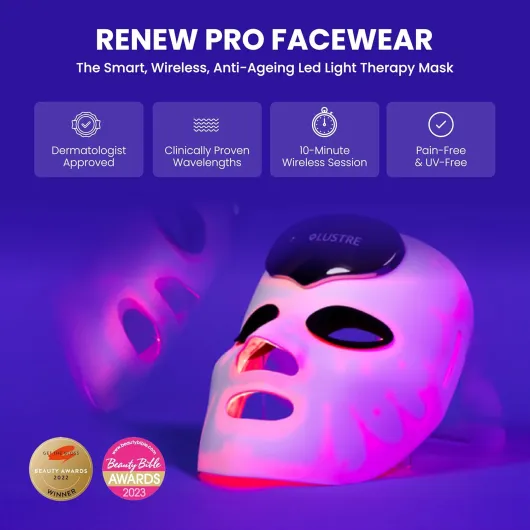 LUSTRE® Renew Pro Masque facial à LED anti-âge – Vêtement avancé de thérapie par la lumière LED pour le soutien des rides et du collagène – Lumière bleue, rouge et infrarouge – Fermeté, lisse et