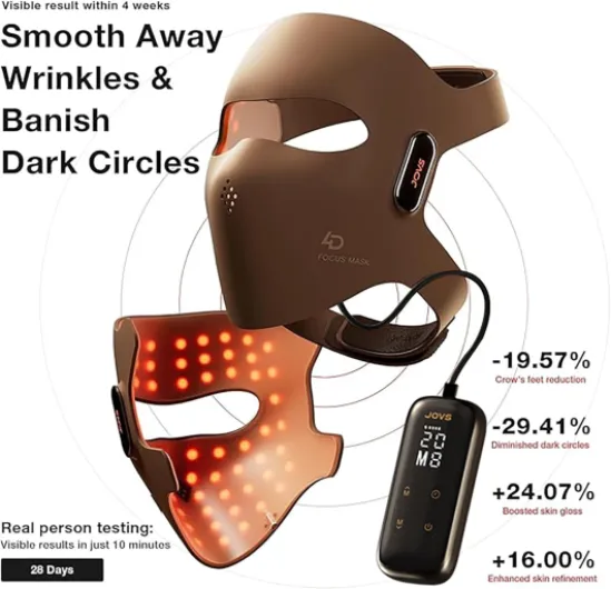 JOVS Masque de luminothérapie laser 4D pour le visage avec 4 longueurs d'onde différentes, avec technologie concentrée Fpt, masque portable avec 3 mod