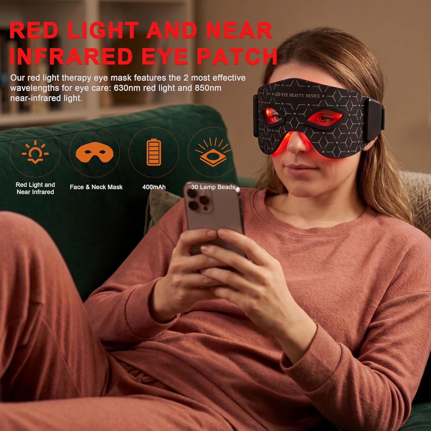 ETEYK1 Masque LED pour les yeux thérapie par la lumière rouge - Appareil anti-âge photon 630 nm + 850 nm - Réducteur de rides oculaires - Rechargeable et 5 niveaux d'intensité