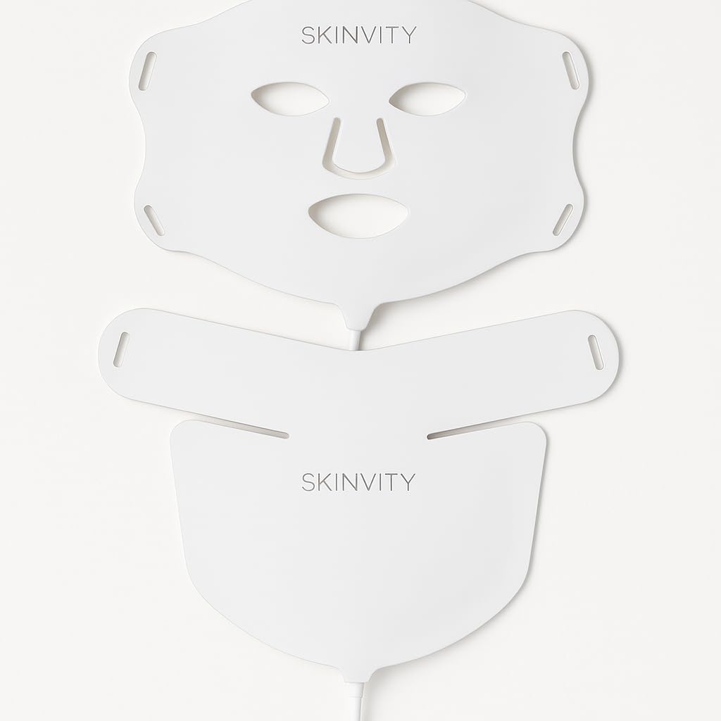 Masque facial LED en silicone - Photothérapie avec lumière rouge, bleue et infrarouge - Améliore la fermeté et la texture de la peau - Traitement anti-âge pour visage, cou et décolleté - De SKINVITY