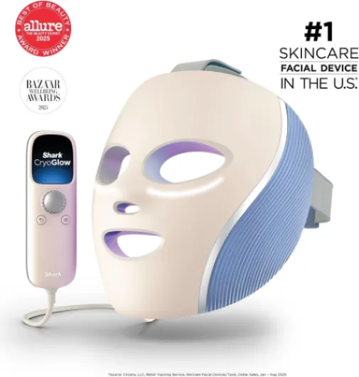 Shark CryoGlow Masque LED avec rafraîchissement du contour des yeux, LED rouge et bleue, photothérapie par lumière infrarouge, USB-C, télécommande, sac de rangement, sangles réglables, lilas FW312EUPL Starlight Dream