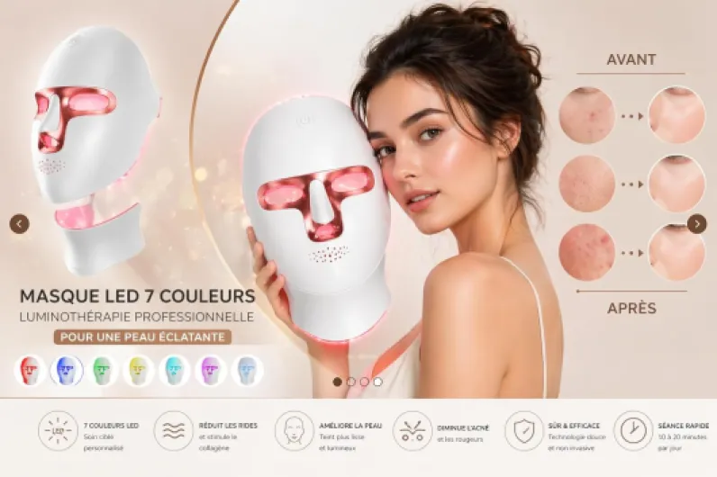 Masque LED Visage et Cou 7 Couleurs The Glow Care, Luminothérapie Anti-Rides Anti-Acné Anti-Taches, Appareil LED Rechargeable USB, Soin Professionnel Maison, Certifié CE
