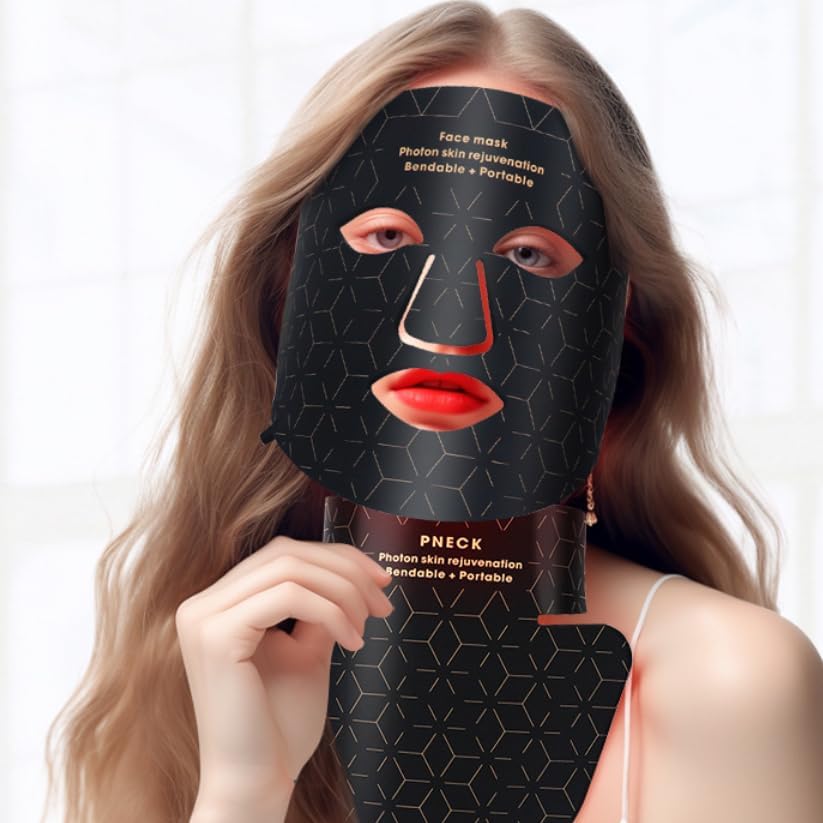 Korons Masque Visage LED Masque Visage Silicone et Soin du Cou Raffermissant, Appareil de Beauté IPX7, Peau Sensible, 170g Noir