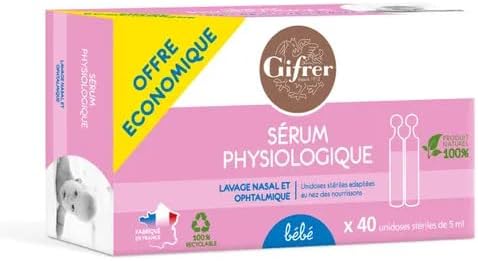 GIFRER - Sérum Physiologique - Hygiène Nasale - Rinçage Auriculaire - Lavage des Plaies - Action Humidifiante - Fabrique en France - Lot de 4 Boîtes de 40 x 5ML Transparent