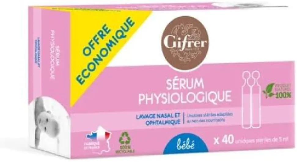 GIFRER - Sérum Physiologique - Hygiène Nasale - Rinçage Auriculaire - Lavage des Plaies - Action Humidifiante - Fabrique en France - Lot de 4 Boîtes de 40 x 5ML Transparent