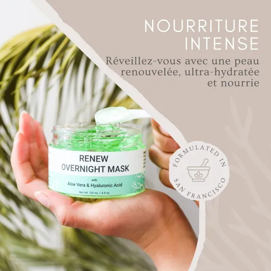 Renew Overnight Facial Mask - avec Aloe Vera & Hyaluronic Acid - Masque hydratant pour la réparation nocturne de la peau - Formulé à San Francisco